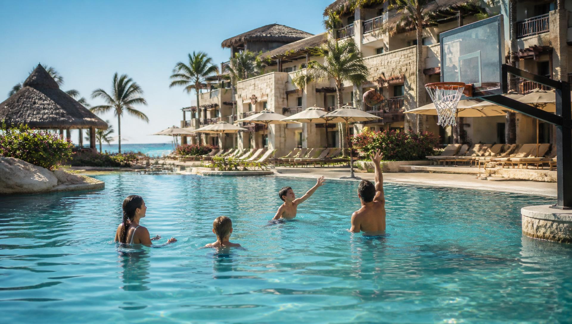 Pai e filho jogando basquete na piscina do resort